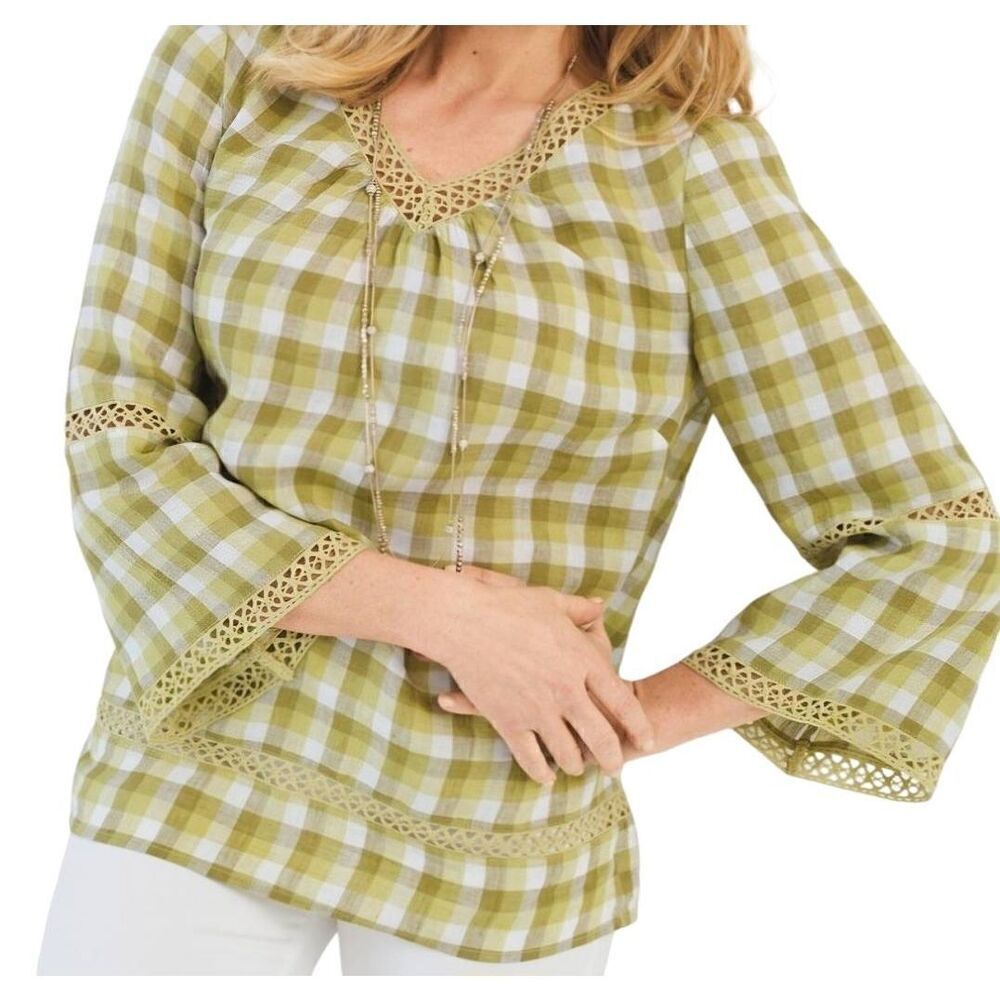 NWT Chico's Blouse Women's XL Green Gingham Linen Crochet Trim 3/4 Sleeve